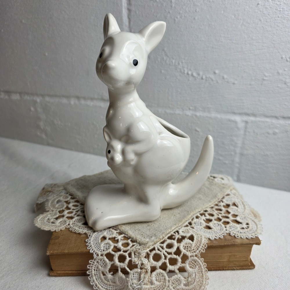 Vintage White Ceramic Kangaroo with Joey Planter Mid Century Modern Retro MCM